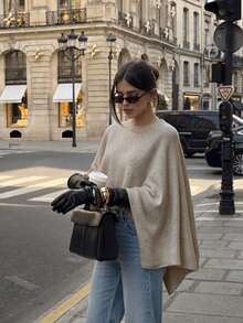 FOR BEAUTY Women's Y2K Comfortable Oatmeal Beige Round Neck Asymmetric Draped Knit Shawl Cape Sweater Top, Aesthetic Street Style Outfit Fall - Apricot - View 1