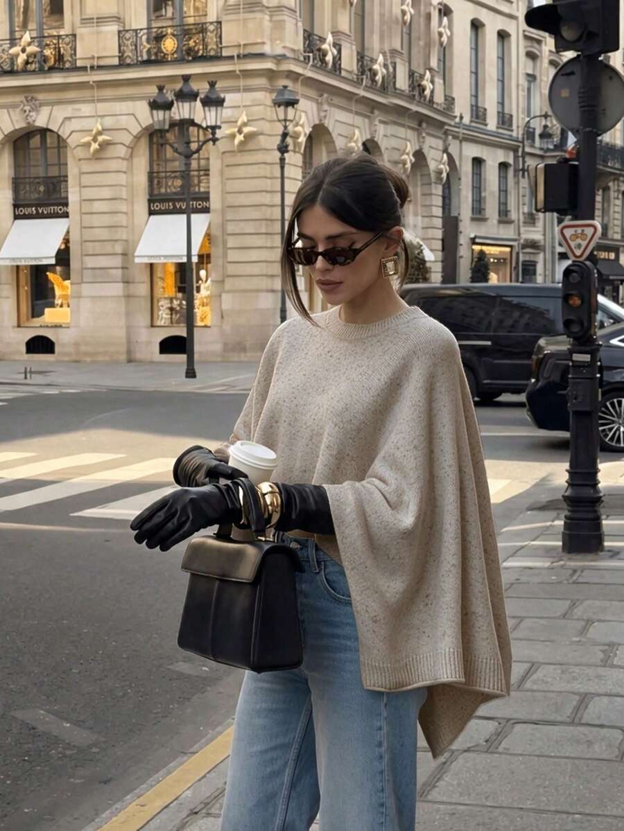 FOR BEAUTY Women's Y2K Comfortable Oatmeal Beige Round Neck Asymmetric Draped Knit Shawl Cape Sweater Top, Aesthetic Street Style Outfit Fall - Apricot - View 1
