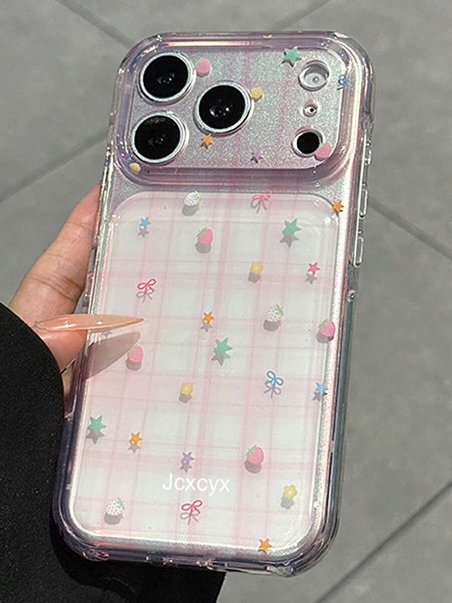 Y2K Pink Plaid Strawberry Star Bow Print Phone Case, Compatible With IPhone 18 Pro Max 18 Pro 17 Pro Max 17 Pro 17 16 Pro Max 16 Pro 16 15 Pro Max 15 Pro 15 14 Pro Max 14 Pro 14 13 Pro Max, Cute Shockproof Back Cover