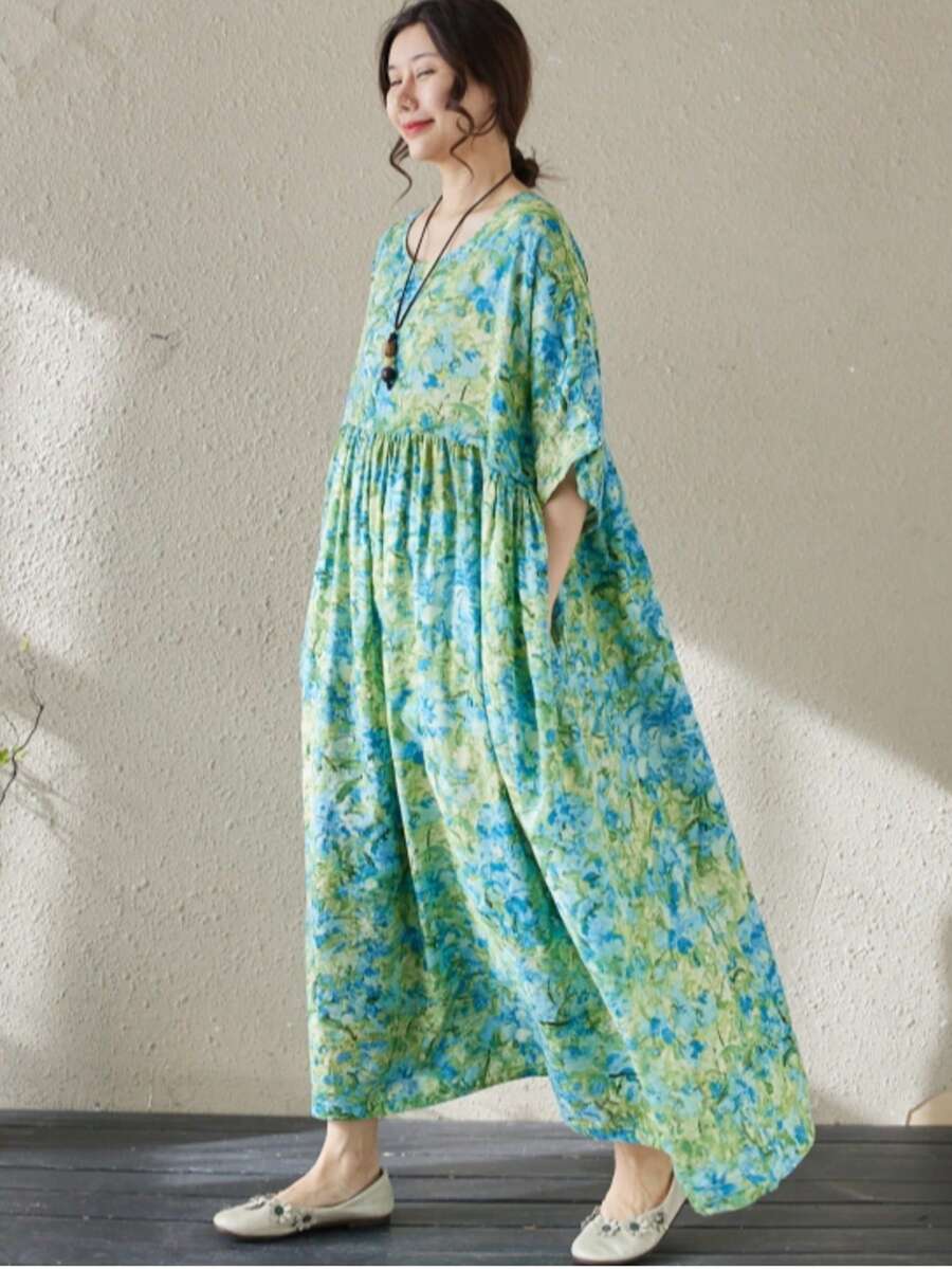 AZAH 萬聖節優雅派對上衣,波希米亞休閒度假女款大尺碼優雅夏季圓領短袖洋裝,媽媽裝日常優雅洋裝,沙灘洋裝 - 綠色 - 查看 1