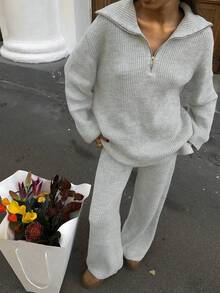 VIBEWAVE Grey Half-Zip Collared Loose Knit Top & Wide Leg Pants 2 Pieces Set For Women, Relaxed Casual Style, Autumn/Winter Outfit - Light Grey - View 3