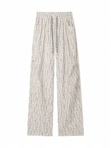 Men's Vintage Plaid Jacquard Wide Leg Knit Drawstring Elastic Waist Textured Straight Casual Long Pants - Apricot - View 2