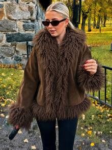 Women's Autumn/Winter Coffee Color New Vintage Faux Fur Trim Suede-Style Short Jacket, Retro Lapel, Fluffy Faux Fur Collar, Daily Commute Fall - Coffee Brown - View 5