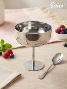 INS Style Premium Silver Stainless Steel Dessert Cup With Spoon Set, High Foot Ice Cream Cup/Yogurt Bowl, Stackable For Easy Storage, Afternoon Tea Atmosphere Tableware - Multicolor - View 9