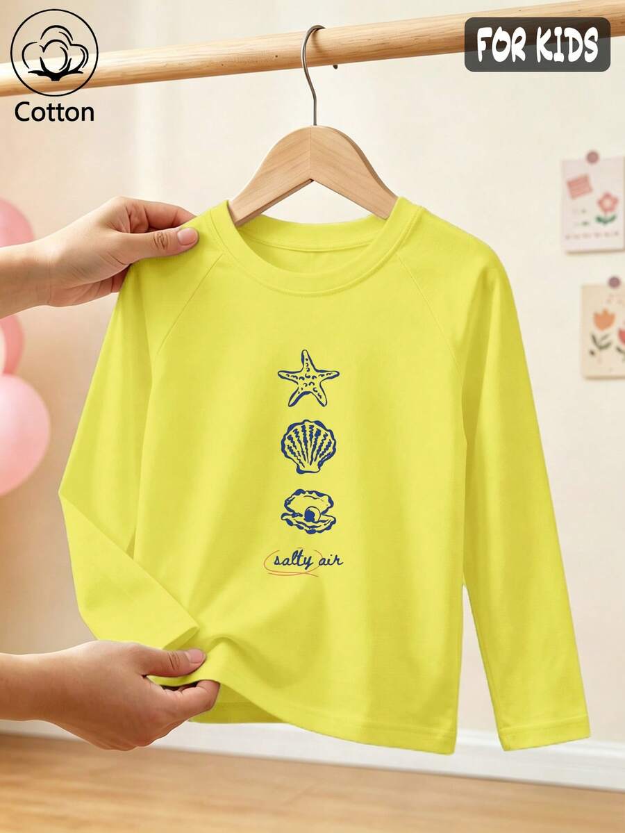 Girls Cotton Raglan Long Sleeve Tee, Fall Winter Ocean Style With Starfish Shell Crab Print & Salty Air, Sweet Preppy School Look - Bright Yellow - View 1