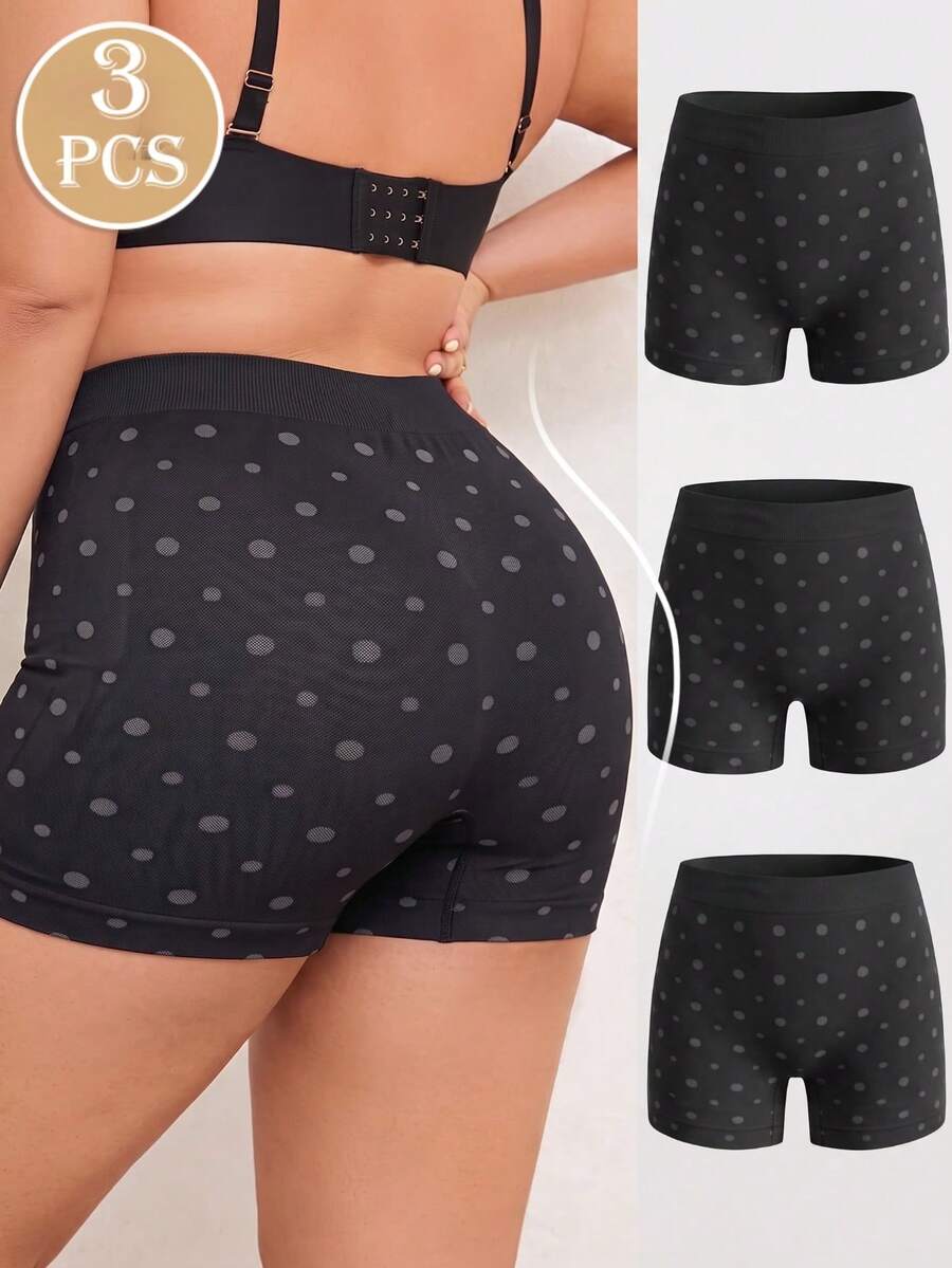 3pcs Plus Size Anti Chafing Shorts Seamless Polka Dot Boxer Panties Women High Rise Under Dress Safety Shorts - Black - View 1