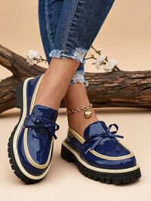 1 Pair Ladies Blue Bow Decor Two Tone Platform Loafers, Spring Autumn Daily Footwear - Blue - View 6