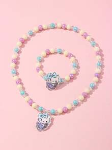 2pcs Sanrio Kids Jewelry Accessories Cute Kitty Pendant Beaded Bracelet Necklace Set, Suitable For Holiday Parties, Campus Birthday Gifts For Girls - Multicolor - View 10