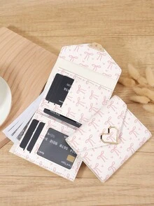 Dompet Wanita Multifungsi Minimalis Kasual dengan Motif Pita, Dompet Multifungsi dengan Dekorasi Hati Logam, Dompet Lipat Tiga untuk Wanita - Putih - View 10