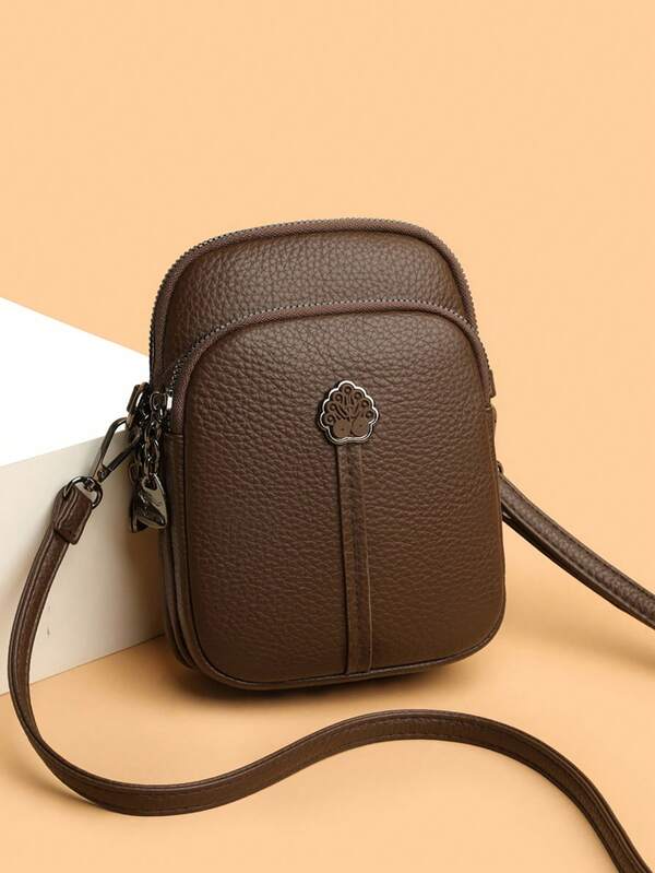 Bolso pequeño bandolera de cuero PU de unicolor minimalista, bolso cuadrado con compartimentos múltiples y cremallera, bolso de hombro versátil para uso diario de mujer