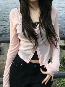 Korean Style Minimalist Round Neck Single-Breasted Long Sleeve Cardigan Top Pink - Pink - View 1