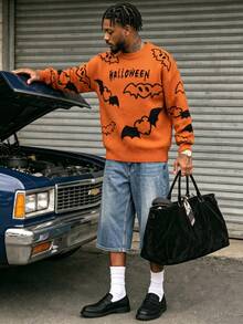BLACKTOEXIT Spring Autumn Winter Men's Women's Halloween Limited Edition Letter Bat Pattern Long Sleeve Crew Neck Casual Versatile Loose Drop Shoulder Pullover Knit Sweater Top - Orange - View 1