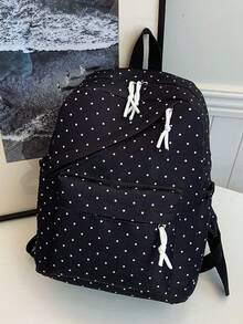 1 Large Capacity Nylon Student Backpack; Minimalist Polka Dot Print College Student Backpack; Nylon Backpack For Teen Girls - Black - View 6