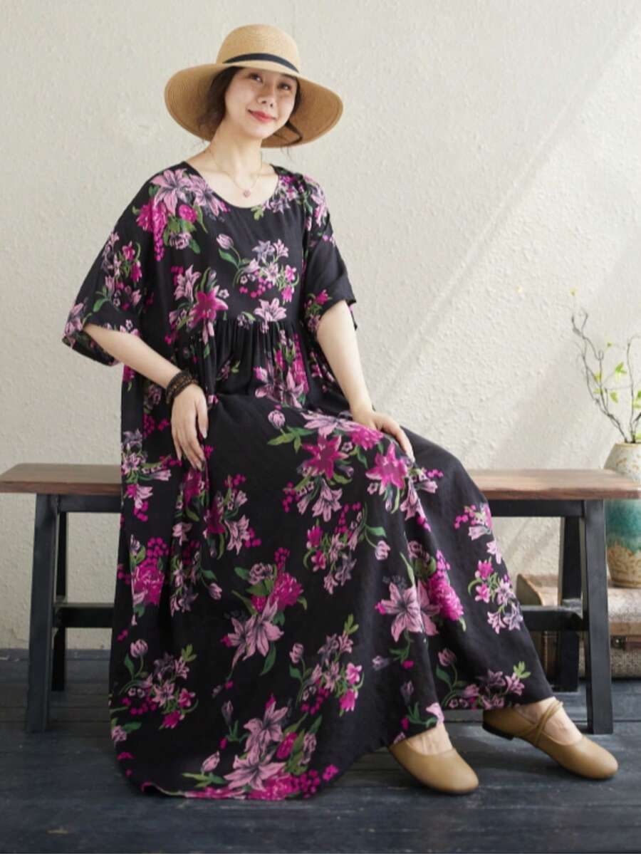 AZAH 上衣,萬聖節優雅舞會夏季女款大尺碼洋裝,波希米亞休閒度假海灘洋裝,女款即穿款,圓領無袖中年媽媽洋裝 - 玫紅色 - 查看 1