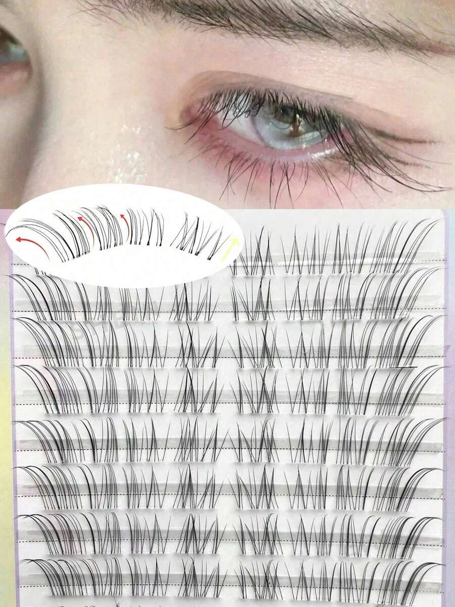 Waloshow 80pcs Soft Cool-Touch Diagonal Flying Fox Style Baby Curved False Eyelashes, Transparent Stem, Natural Realistic Messy Wild Manga Fairy Style C-Curl Upper Lashes - C - View 1