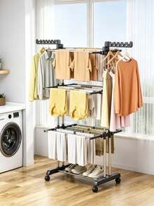 Rolling Clothes Drying Rack, Stainless Steel Foldable Multi‑Layer Laundry Drying Stand With Wheels, Large Capacity Space‑Saving Garment Dryer, For Balcony Bathroom Laundry Room, Ideal For Family Household Daily Drying Use - Multicolor - View 10