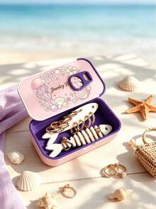 Jewelry Storage Box, Cute Jellyfish & Shell Print Small Accessory Organizer, Portable Travel Mini Jewelry Box With Fishbone Divider And Snap Closure, Compartmentalized Storage For Earrings, Rings, Necklaces, Suitable For Commuting, Short Trips, Dorm Desk, Vanity Organization, Ideal For Delicate Girls, Students, Jewelry Lovers, Qixi Festival, Birthday, Best Friend Gift, Portable Earring Box, Mini Jewelry Organizer, Cartoon Fishbone Jewelry Box, Travel Small Jewelry Storage Box - Multicolor - View 8