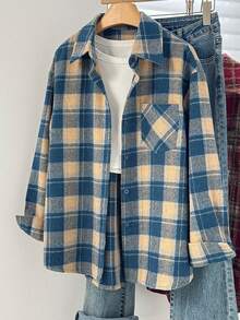 Women's Autumn/Winter Brushed Plaid Front Button Pocket Shirt, Casual Home Wear - Blue - View 3