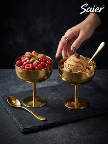 12/8/2pcs Ins Style Premium Gold Stainless Steel Dessert Cup With Spoon Set, European Vintage High-Foot Ice Cream Bowl, Stackable For Easy Storage, Party Dessert Table Tableware - Multicolor - View 6