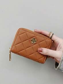 Large Capacity Accordion Card Holder Wallet With Zipper – Quilted Flower Design Multi Card Slots ID Badge Organizer For Women Girls - Brown - View 1