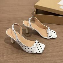 White Polka Dot Square Toe Slingback Heels - Sweet Elegant Summer Open Toe Mules For Tea Party, Wedding Guest & Afternoon Stroll - White - View 10