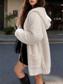 Women's Casual Vacation Slouchy Hooded Mid-Length Cardigan Sweater Jacket - Off-white - View 4