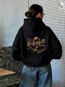 Oversized Women's Sweatshirt For Autumn/Winter, Long-Sleeve Hoodie With Pockets, Casual Top, Y2K Style, Daily Letter Graphic Print, Unisex, Black - Black - View 4