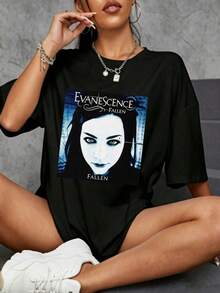 Vintage 00s Gothic Metal Vocalist Graphic T-Shirt Oversized Retro Blue Dark Portrait Print Tee Rocker Summer Top - Black - View 3