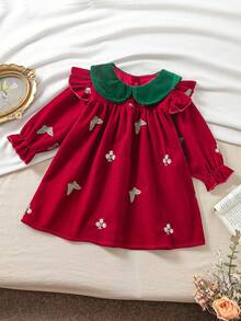 1pc Baby Girl Velvet Peter Pan Collar Embroidered Vintage Royal Style A-Line Dress - Red - View 14
