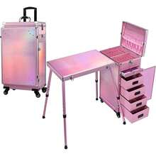Rolling Manicure Table, Foldable Nail Desk Beauty Station With Sliding Drawers, Mobile Cosmetology Case On Wheels, Portable Makeup Artist Storage Organizer Trolley, Black, One Piece - Shiny Pink - View 10