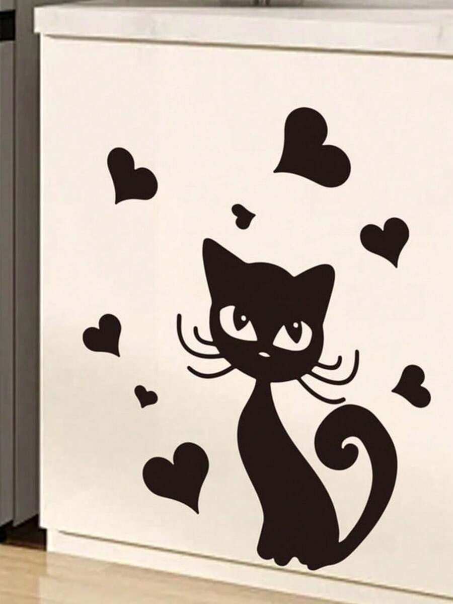 Cute Black Cat Heart-Shaped Wall Decal, Removable Vinyl Wall Sticker, Cartoon Pet Cat Children's Mural For Bedroom, Refrigerator, Cabinet, Home DIY Decor - D - View 1