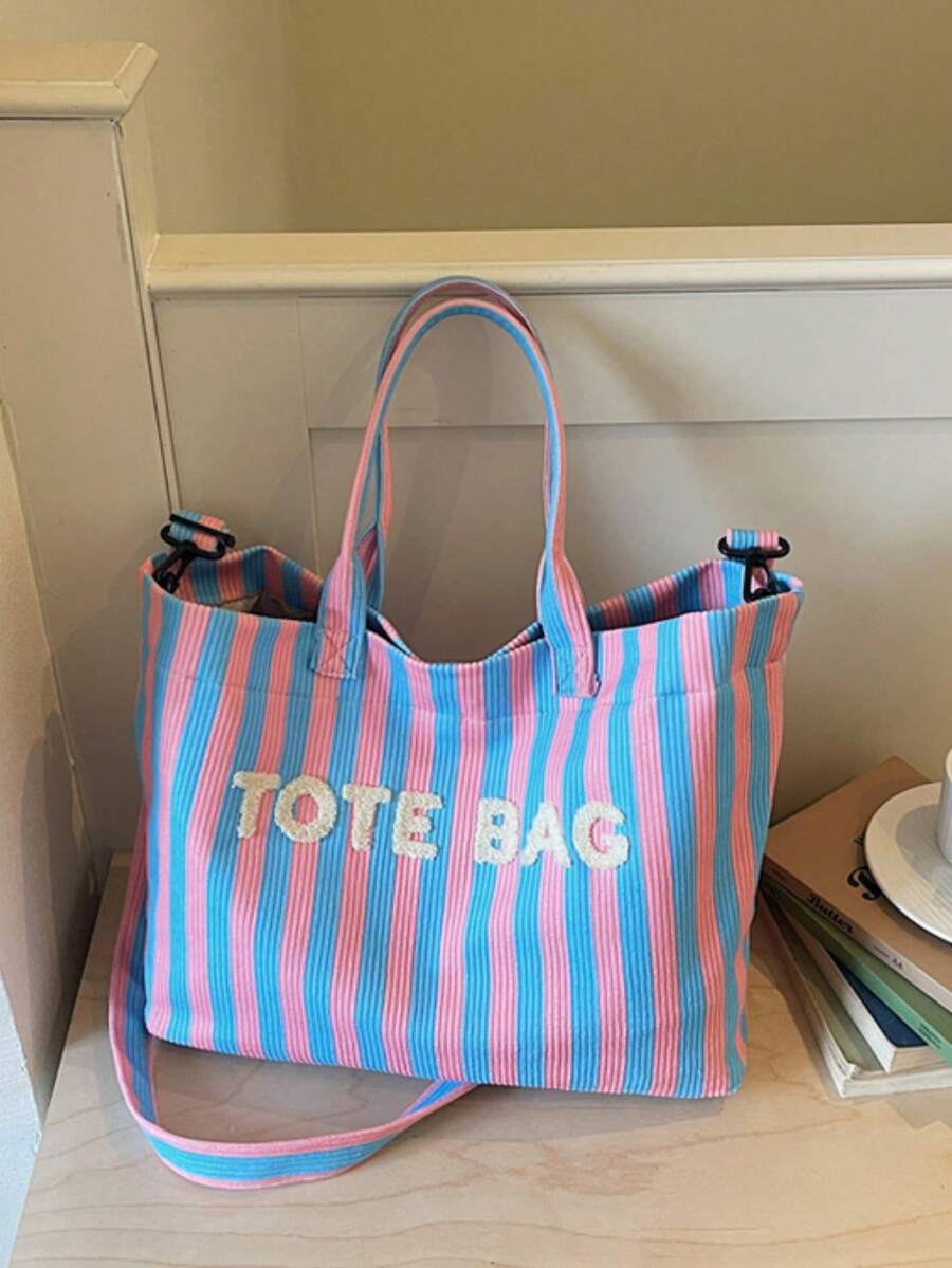Fresh Colorblock Striped Large Capacity Women's Bag, Lightweight Canvas Fabric, Handheld Or Crossbody, Minimalist Versatile Daily Commute Bag - Multicolor - View 1