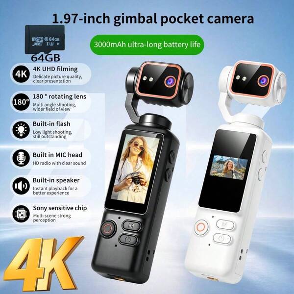 4K Ultra HD Handheld Camera With 16X Digital Zoom, 4K Video, Sensitive Sensor, 180° Rotatable Lens, Built-In Flash, Night Shooting, AF, Landscape/Portrait Modes, 64GB Card. For Outdoor Sports & Cycling, Ideal Birthday & Christmas Gift.