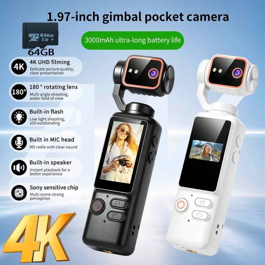 4K Ultra HD Handheld Camera With 16X Digital Zoom, 4K Video, Sensitive Sensor, 180° Rotatable Lens, Built-In Flash, Night Shooting, AF, Landscape/Portrait Modes, 64GB Card. For Outdoor Sports & Cycling, Ideal Birthday & Christmas Gift.