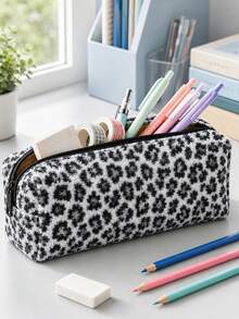 Campus Style Maillard Leopard Print Plush Pencil Case/Stationery Storage Bag - Multi-Functional Large Capacity Design, Suitable For Storing Office Supplies, Creative Multi-Purpose Pen Holder Or Portable Travel Makeup Bag, Ideal For Students And Adults Daily Use. Leopard Print Direction And Density Random - Multicolor - View 6
