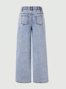 Teen Girl Spring Casual Versatile Daily Travel Denim Jeans With Pockets And Buttons - Blue - View 3