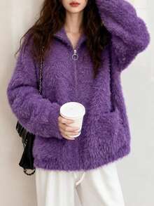 Women's Autumn/Winter Casual Minimalist Loose Slimming Fuzzy Zip-Up Knit Cardigan Sweater Jacket - Purple - View 4