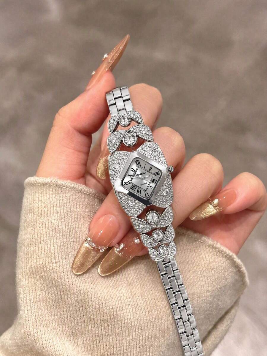SOKI Women's Luxury Full Rhinestone Square Watch, Silver Roman Numeral Dial, Multi-Layer Crystal Rhinestone Chain Strap, Sparkling Elegant Quartz Wristwatch, Party Wedding Date Accessory, Perfect Gift Choice