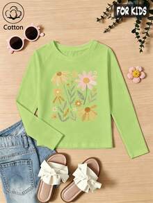 Girls Cotton Raglan Long Sleeve Tee, Autumn Winter Floral Print Top, Sweet Pastoral Charm Preppy Style - Fruit Green - View 3
