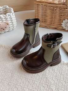 Girls' Patchwork Knit Ankle Boots With Metal Buckle Side Zipper Thick Sole Vintage Fashion Versatile Work Boots For Autumn/Winter - Brown - View 5