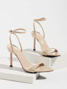 Women's Nude‑Beige Glossy Pointed Toe Stiletto Heel Sandals, Adjustable Ankle Strap Business Office Dress Heels - Beige - View 6