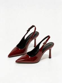 Women's Black Patent Leather Pointed Toe Stiletto High Heels, Elegant Closed-Toe Lace-Up Evening Dress Shoes With Ankle Strap - Burgundy - View 1