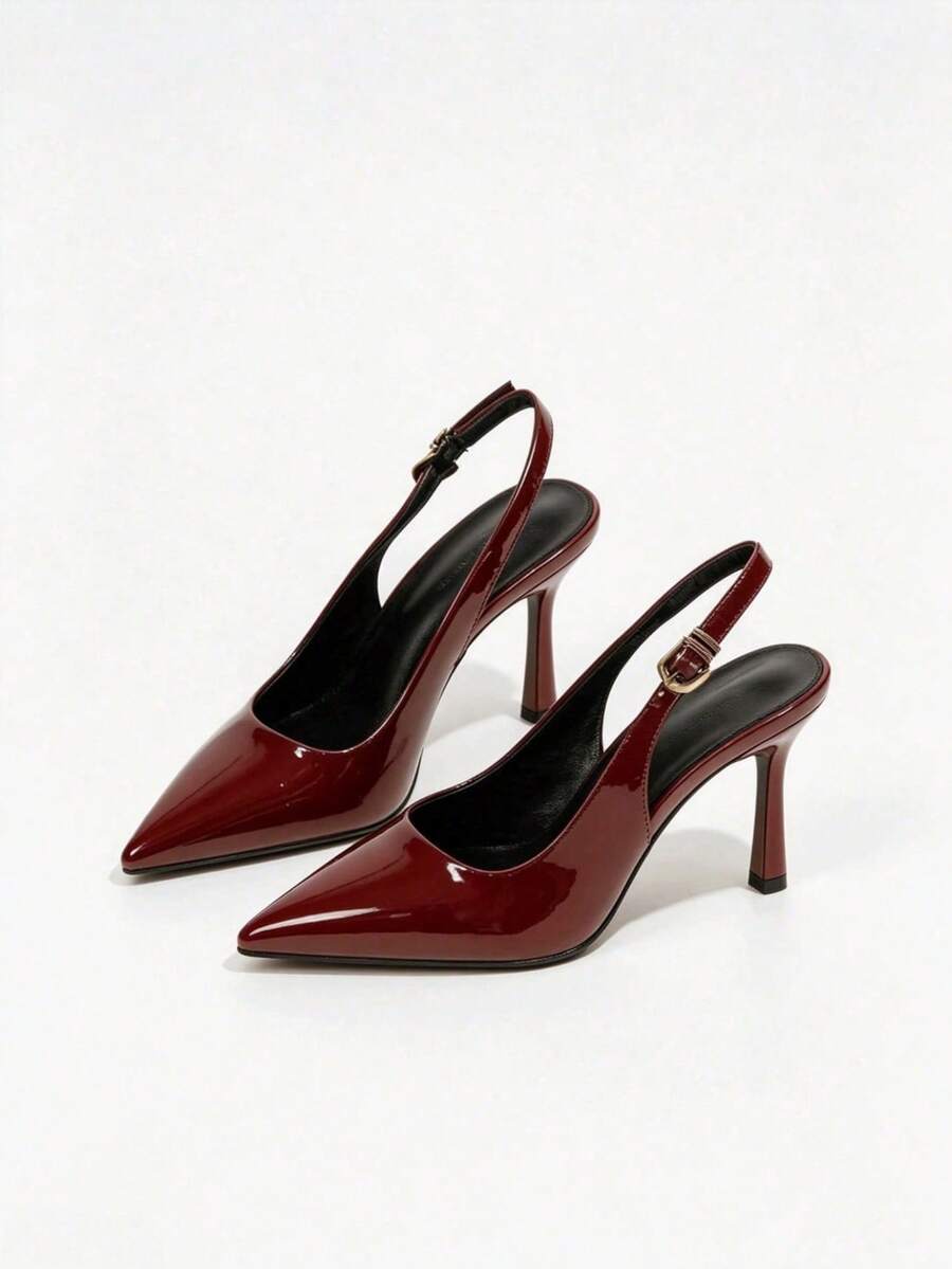Women's Black Patent Leather Pointed Toe Stiletto High Heels, Elegant Closed-Toe Lace-Up Evening Dress Shoes With Ankle Strap - Burgundy - View 1