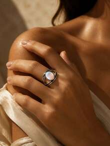 1pc Exquisite Vintage Rainbow Artificial Moonstone Geometric Ring For Women, Suitable For Daily Commute, Party And Banquet Wear - Silver - View 1