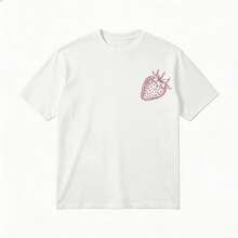 Oversized Fit, Women, Soft Cotton Blend, Short Sleeve, Embroidered Strawberry Graphic, Crew Neck, Breathable Comfort, Casual Summer Outing - White - View 2