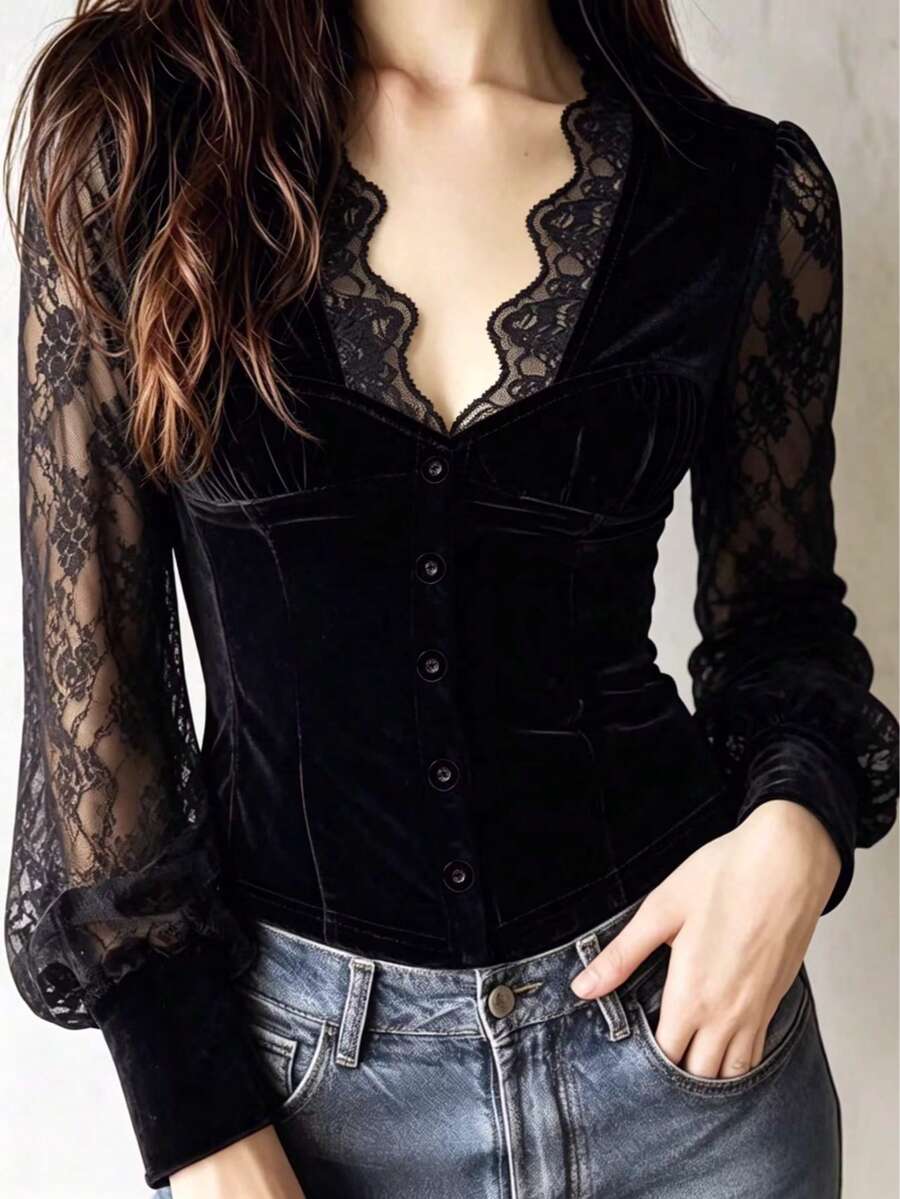 Blus Wanita Modis Unik Berkelas Warna Hitam Beludru & Renda Kontras untuk Kembali ke Sekolah, Cocok untuk Musim Gugur. - Hitam - View 1