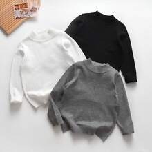 3pcs/Set Sweater Rajut Lengan Panjang Kerah Setengah Tinggi Warna Polos Sederhana untuk Anak Laki-laki, Cocok untuk Pakaian Sehari-hari, Sekolah, Musim Gugur/Dingin - Hitam - View 1