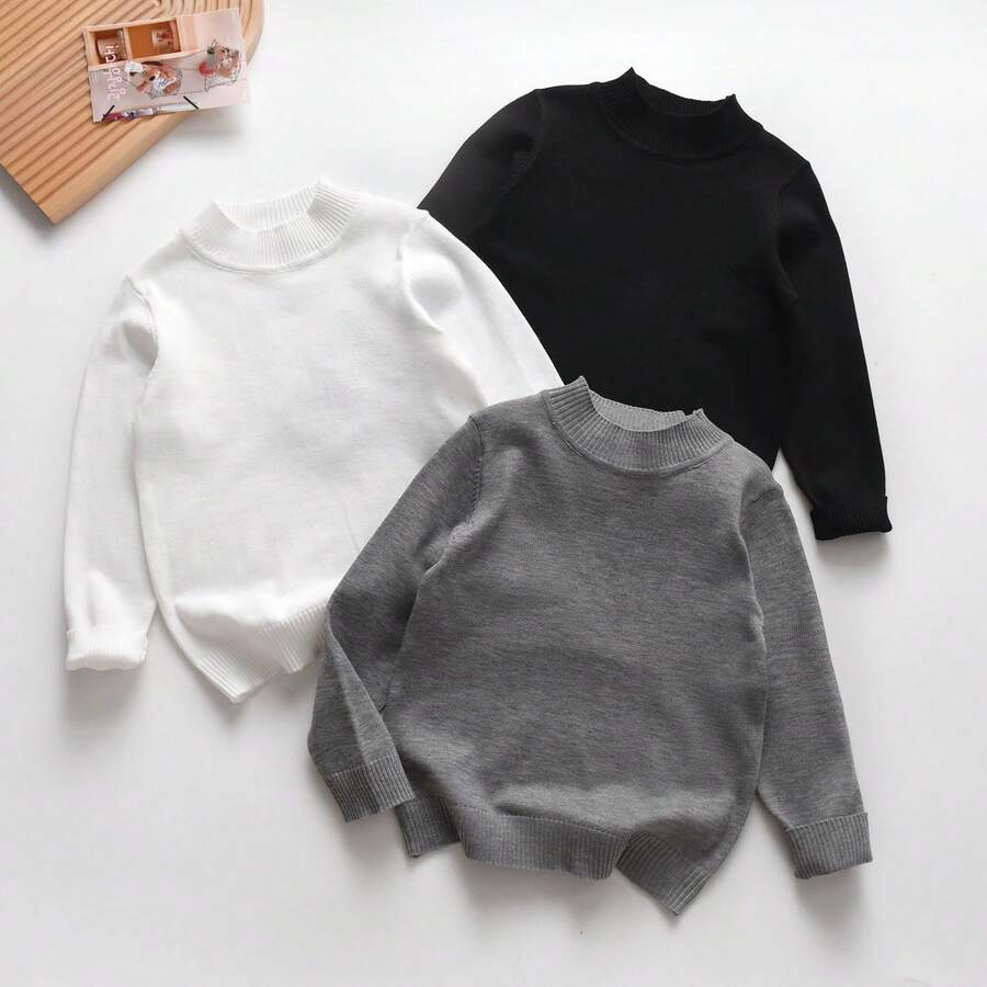 3pcs/Set Sweater Rajut Lengan Panjang Kerah Setengah Tinggi Warna Polos Sederhana untuk Anak Laki-laki, Cocok untuk Pakaian Sehari-hari, Sekolah, Musim Gugur/Dingin - Hitam - View 1