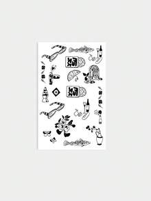 1pc Temporary Tattoo Sticker, Retro Fun Glasses Wine Floral Fish Cartoon Pattern, Realistic Fake Tattoo Design, Suitable For Daily Wear, Bachelorette Party Favors, Music Festivals, Cosplay, Graduation Gifts, Lasts 3‑5 Days - Black - View 4