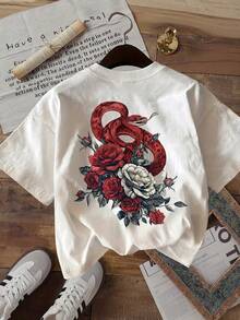 Double-Sided Printed Vintage Snake Rose Nashville Print T-Shirt, Crew Neck, Short Sleeves, Pure Fabric, Summer Fashion, Casual T-Shirt - White - View 3